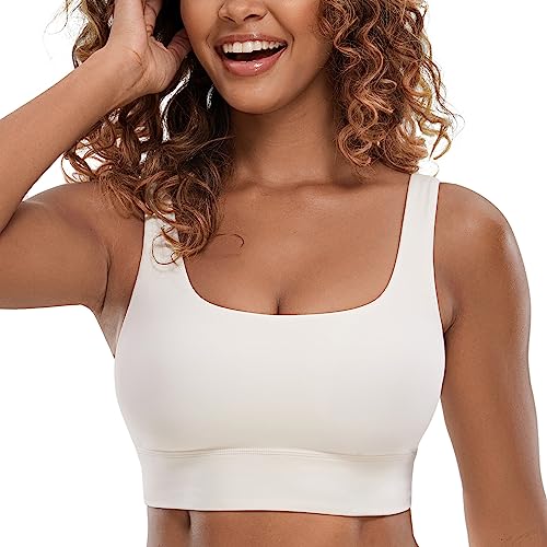 CRZ YOGA Butterluxe Womens U Back Sports Bra - Scoop Neck Padded Low Impact Yoga Bra Workout Crop Top with Built in Bra White Apricot Small