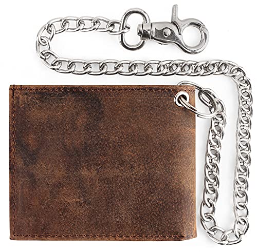F&L CLASSIC RFID Blocking Mens bi-fold Style Cowhide Leather Steel Chain Wallet, buffalo vintage leather