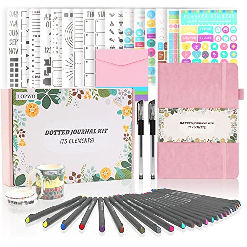 Bullet Dotted Journal Kit with Gift Box - 75pcs Journaling Supplies Set Including 192 Numbered Pages A5 Notebook, Colored Pens, Stickers, Stencils, Washi Tapes, Small Envelopes and Accessories (Pink)
