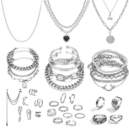 IFKM 36 Piece Silver Plated Jewelry Set - 3 Necklaces, 12 Bracelets, 7 Ear Cuffs, 14 Knuckle Rings for Women - Valentine, Anniversary, Birthday Gifts