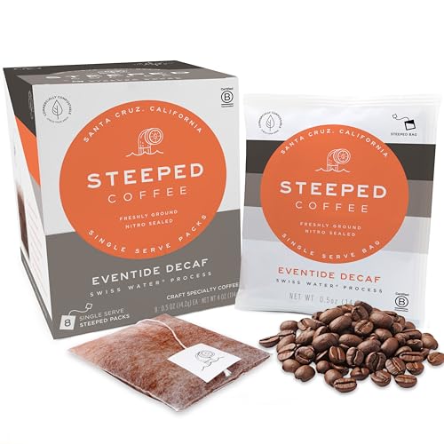 Steeped Coffee Single-Serve Packs - Just + Water - Direct Trade, Hand Roasted & Freshly Ground, Specialty Grade - Nitro Sealed (Eventide Decaf (Swiss Water Process), 8 Count (Pack of 1))