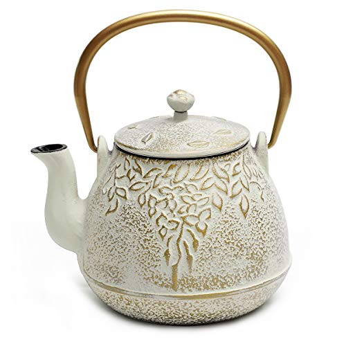 Toptier Cast Iron Tea Kettle, Stovetop Safe Japanese Cast Iron Teapot with Infuser, Leaf Design Tea Kettle for Stove Top Coated with Enameled Interior for 32 Ounce (950 ml), Warm Beige & Gray