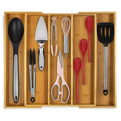 Purawood Large Premium Bamboo Silverware Organizer - Expandable Drawer Organizer & Utensil Organizer - 17.5'x19.75' Cutlery Tray with Dividers for Kitchen Utensils and Flatware (3-5 Slots) (Natural)