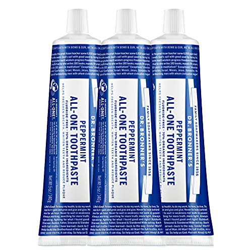 Dr. Bronner’s - All-One Toothpaste (Peppermint, 5 Ounce, 3-Pack) - 70% Organic Ingredients, Natural and Effective, Fluoride-Free, SLS-Free, Helps Freshen Breath, Reduce Plaque, Whiten Teeth, Vegan