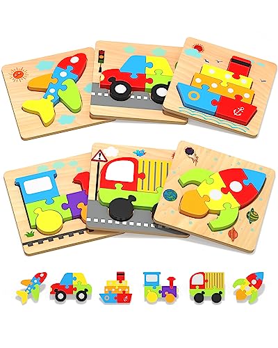 Yetonamr Wooden Toddler Puzzles Gifts Toys for 1 2 3 Years Old Boys Girls, 6 Vehicle Shape Montessori Toys Educational Blocks Kids Toys Gift Baby Learning Toy Age 1-3, 2-4