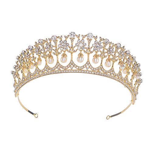 S SNUOY Gold Pearl Crown for Women Bridal Tiara for Women Pearl Headpiece Princess Tiaras Prom Wedding Headband