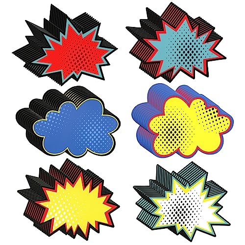 60 Pack Superhero-Themed Bulletin Board Cutouts – 5x7 Inch Poster Decorations, Starburst Signs for Comic Book Birthday, School Supplies (6 Unique Designs)