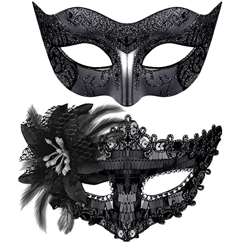 SIQUK Couple Masquerade Masks Sequins Venetian Party Plastic Halloween Costume Rhinestone Mardi Gras Mask for Women and Men, Black