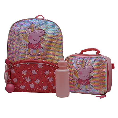Peppa Pig Girls 4 Piece Backpack Set for Preschool & Kindergarten, Flip Sequin 16' School Bag with Front Zip Pocket, Pink