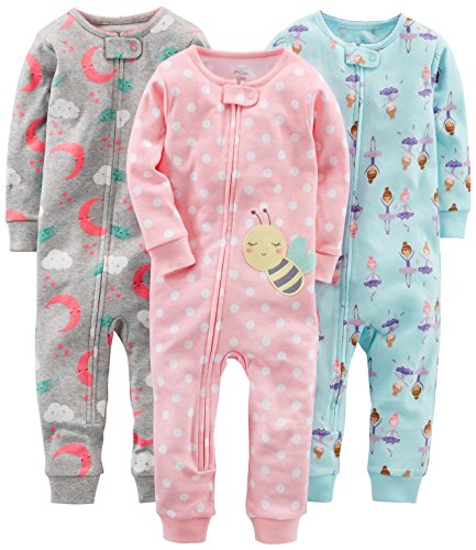 Simple Joys by Carter's Girls' 3-Pack Snug Fit Footless Cotton Pajamas, Ballerina/Bees/Moon, 12 Months