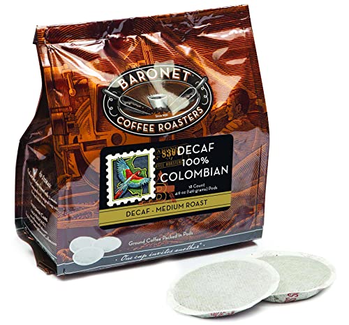 Baronet Coffee Pods [DECAF Colombian -54 Pods] Single Cup Use Like Senseo Coffee Pods-3 Bags of 18 Single Serve 8 Gram Pods, Regular Strength Soft Coffee Pods, Medium Roast [DECAF Colombian]