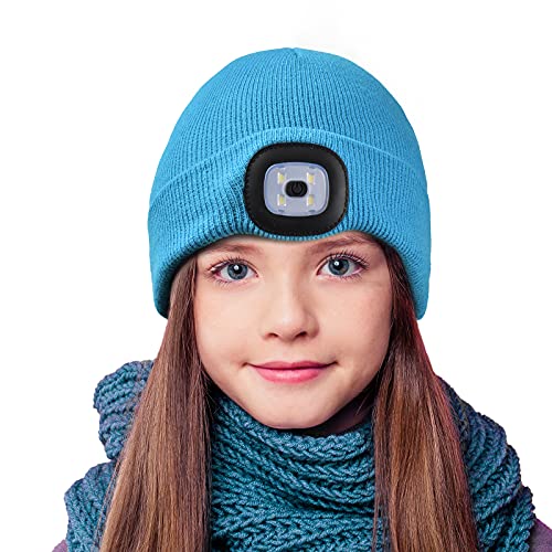 Etsfmoa Unisex Beanie with The Light,Gifts for Kids Boys and Girls Children USB Rechargeable Headlamp Cap Light Blue