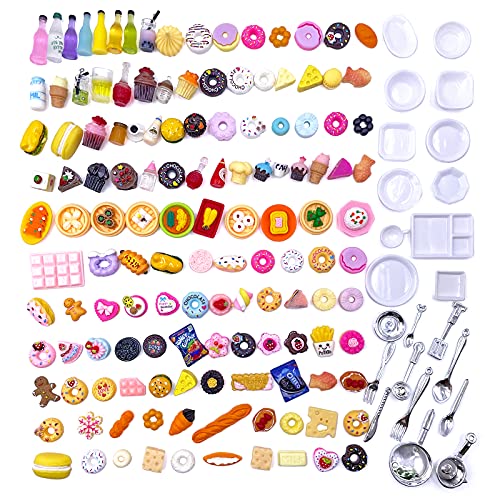 HKLMRO 150Pcs Miniature Food Drink Bottles Adults Dollhouse Soda Pop Cans Pretend Play Kitchen Cooking Game Party Accessories Toys Hamburger Cake Ice Cream Pizza Bread Tableware Doll House Landscape