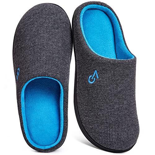VeraCosy Men's Two-Tone Memory Foam House Slippers w/Indoor Outdoor Durable Rubber Sole (Dark Gray/Blue, 9-10 US)