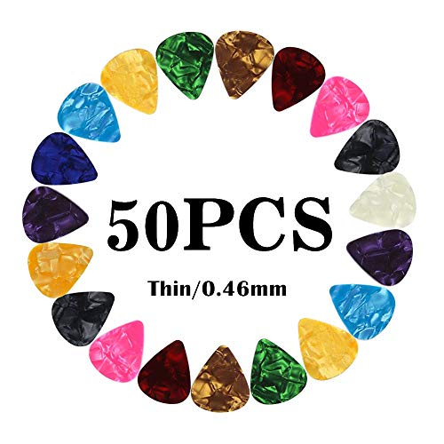 Guitar Picks Thin Light Soft Gauge Assorted Pearl Variety Pack Celluloid - 50 Pcs Mixed Colorful - Plectrums for Gift Acoustic Guitar, Bass and Electric Guitar - 0.46mm