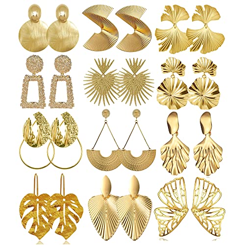 12 Pairs Gold Silver Geometric Earrings Exaggerated Statement Earrings Punk Stylish Sectored Twisted Earring Jewelry for Women and Girls (Gold)