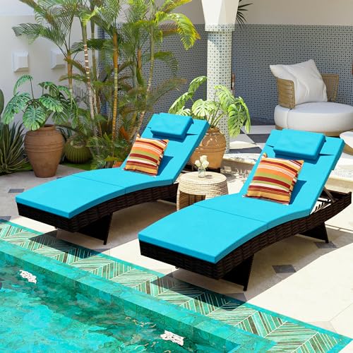 Sundale Outdoor Chaise Lounge Set of 2, Rattan Wicker Patio Lounge Chairs for Outside, Adjustable Chaise Loungers with Cushions & Pillows for Deck, Indoor, Yard - Steel, Turquoise