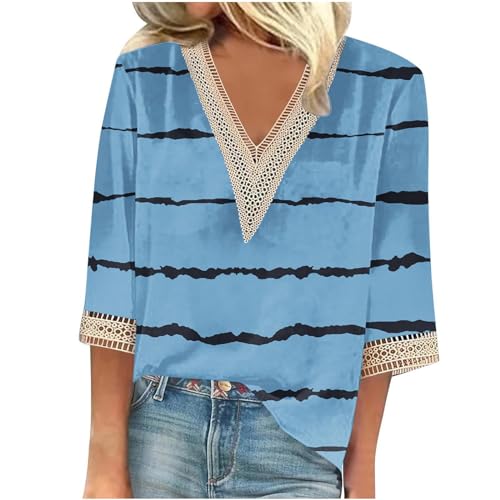 Ceboyel Women Boho Trendy Summer Tops 3/4 Length Sleeve Shirts Lace Trim V Neck Blouses Dressy Causal Bohemian Ladies Clothes Deals for Today Amazon Blue L