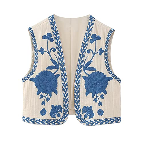 NUFIWI Women Vintage Embroidered Floral Vest Y2k Sleeveless Open Front Shirt Blouse Boho Flower Cardigan Vests Tops (Blue, M)