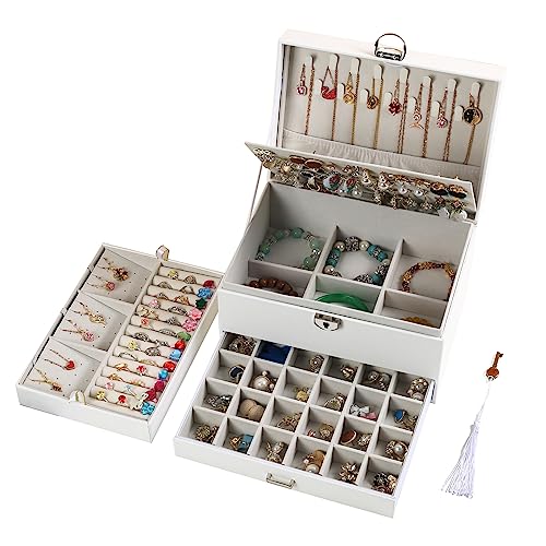 BOOVO Jewelry Box With Lock - 5 Layer Earring, Necklace and Ring Organizer for Women and Girls (White)