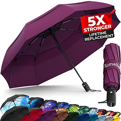 TUMELLA Strongest Windproof Travel Umbrella (Compact, Superior & Beautiful), Small Strong but Light Portable and Automatic Folding Rain Umbrella, Durable Premium Grip, Fits Car & Backpack