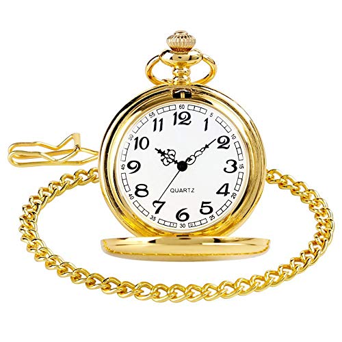 WIOR Classic Smooth Vintage Pocket Watch Silver Steel Mens Watch with 14 in Chain for Graduation Xmas Fathers Day (Gold)