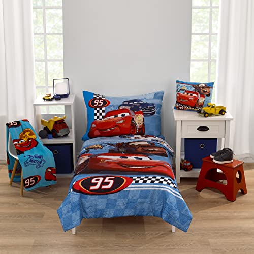 Disney Cars Radiator Springs White, Blue, and Red Lightning McQueen and Tow-Mater 4 Piece Toddler Bed Set - Comforter, Fitted Bottom Sheet, Flat Top Sheet and Reversible Pillowcase