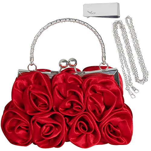 kilofly Missy K 7 Roses Clutch Purse, Satin, with Clasp Closure - Red Money Clip