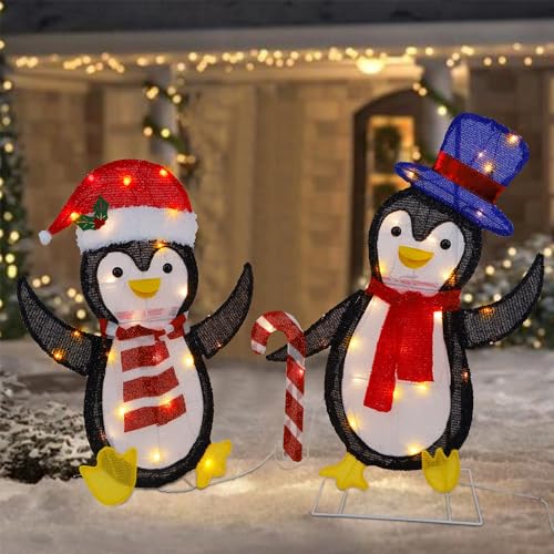 WATERGLIDE Set of 2 Lighted Christmas Tinsel Penguins, Pre-Lit 2D Stacked Penguin with Incandescent Lights, Light Up & Plug in for Indoor Outdoor Festive Xmas Holiday Garden Yard Lawn Decor