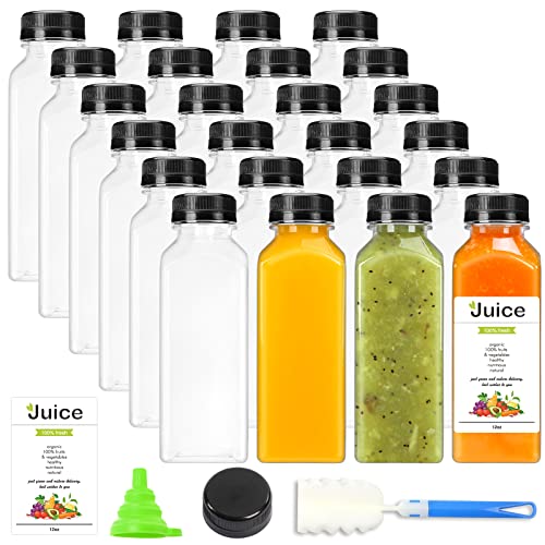 DEPEPE 24pcs 12oz Juicing Bottles Reusable, Plastic Juice Bottles with Caps, Empty Clear Containers with Tamper Seal Lids for Juicing, Smoothie Milk Water and Other Beverages