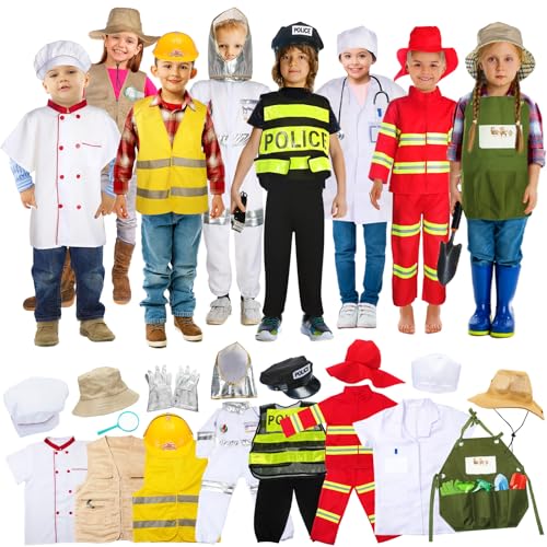 Vicenpal 8 Sets Pretend Play Kids Costumes Set Christmas Gifts Washable Chef Construction Policeman Fireman Costumes Doctor Astronaut Costumes for Boys Toddler Girls Kids