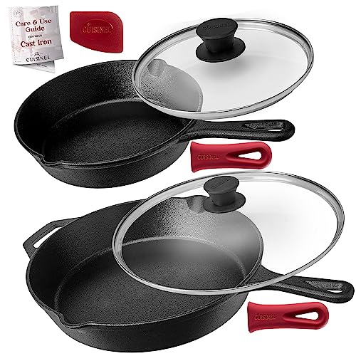 Cuisinel Cast Iron Skillet Set - 8' + 12'-Inch Frying Pan + Glass Lids - Pre-Seasoned Cookware - Heat-Resistant Holders - Indoor/Outdoor Use - Camping, Grill, Stove, BBQ, Firepit, Induction, Oven Safe