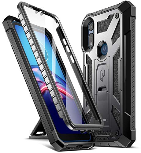 Poetic Spartan Series for Moto E 2020 Case, Full-Body Rugged Dual-Layer Metallic Color Accent with Premium Leather Texture Shockproof Protective Cover with Kickstand, Metallic Gun Metal