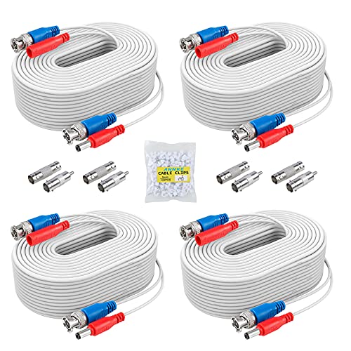 ANNKE 4 Pack 30M/100ft All-in-One Video Power Cables, BNC Extension Security Wire Cord for CCTV Surveillance DVR System Installation, Free BNC RCA Connector and 100pcs Cable Clips Included (White)