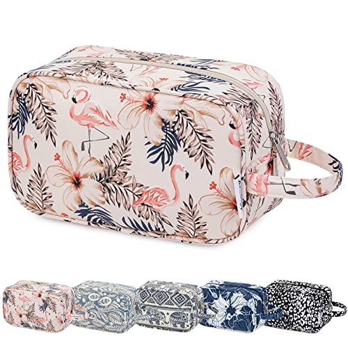 Narwey Travel Toiletry Bag for Women Traveling Dopp Kit Makeup Bag Organizer for Toiletries Accessories Cosmetics (Beige Flamingo)