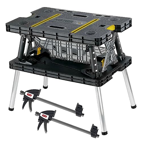 Keter Portable Folding Work Table Tool Storage Stand Workbench with 12 Inch Wood Clamps for Saws, Home Improvement, and Construction