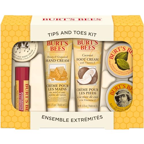 Burt's Bees Easter Basket Stuffers, Tips and Toes Gifts Set, 6 Travel Size Products in Gift Box - 2 Hand Creams, Foot Cream, Cuticle Cream, Hand Salve and Lip Balm