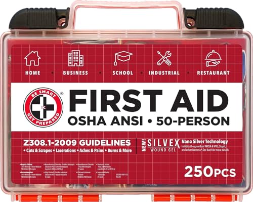 Be Smart Get Prepared First Aid Kit, 250 Piece. Exceeds OSHA ANSI Standards for Office, Home, Car, School, Emergency, Survival, Camping, Hunting, & Sports. FSA HSA