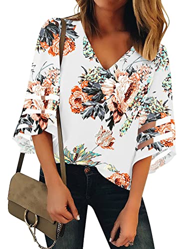 LookbookStore Women's V Neck Floral Print Mesh Panel Blouse 3/4 Bell Sleeve Loose Summer Top Shirt Ivory Size Medium