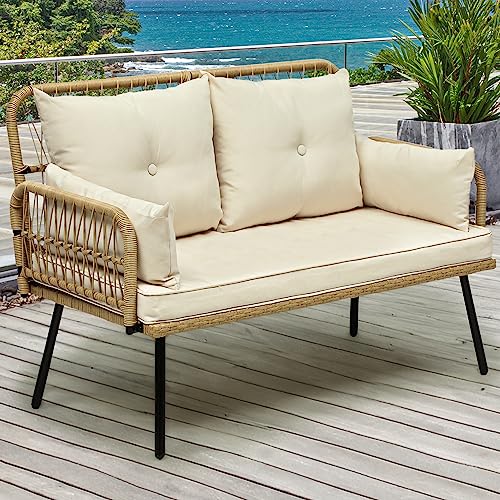 YITAHOME Patio Furniture Wicker Outdoor Loveseat, All-Weather Rattan Conversation for Backyard, Balcony and Deck with Soft Cushions (Light Brown+Beige)