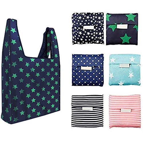 6 Pack Reusable Shopping Grocery Bags with Pouch Foldable, Washable , 35LB Weight Capacity, Heavy Duty Tote, Eco-Friendly Purse Bag Fits in Pocket Waterproof & Lightweight