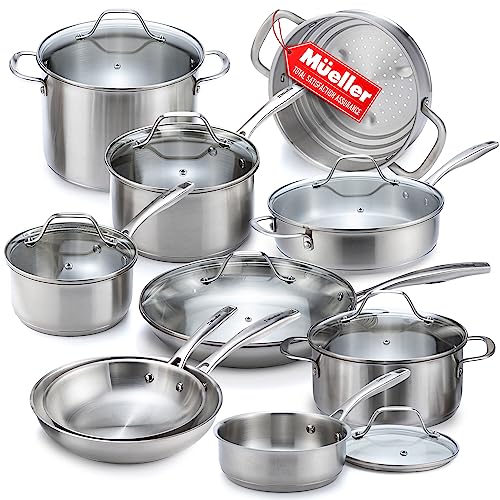 Mueller Pots and Pans Set 17-Piece, Ultra-Clad Pro Stainless Steel Cookware Set, Ergonomic EverCool Handle, Includes Saucepans, Skillets, Dutch Oven, Stockpot, Steamer More