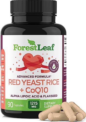 ForestLeaf Red Yeast Rice with CoQ10 Supplement - 1215mg Extra Strength Vegetarian Capsules, Citrinin Free, Red Yeast Rice Supplement Complex with Alpha Lipoic Acid and Organic Flaxseed Oil, 90 Count