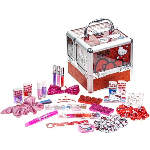 Hello Kitty - Townley Girl Train Case Cosmetic Makeup Set Includes Lip Gloss, Eye Shimmer, Nail Polish, Hair Accessories & More! For Girls, Ages 3+ Perfect for Parties & Makeovers