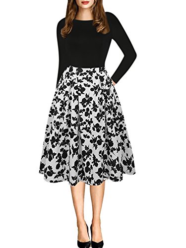 oxiuly Women's Vintage Patchwork Pockets Puffy Swing Casual Party Dress OX165 (Black White Long, l)
