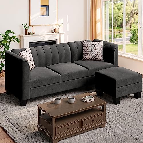 Shintenchi Upgraded Convertible Sectional Sofa Couch, 3 Seat L Shaped Sofa with High Armrest Linen Fabric Small Couch Mid Century for Living Room, Apartment and Office (Black)