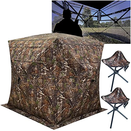 CROSS MARS Portable 2-3 Person 270 Degree See Through Hunting Blind Ground Camouflage Pop Up Turkey Deer Blinds Tent with 2 Stools