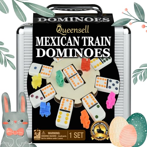 Queensell Mexican Train Dominoes Set with Wooden Hub, Domino Tile Board Games - Double 12 Dominos Set for Family Game Night for Adults and Kids Ages 8 and up (Double 12)