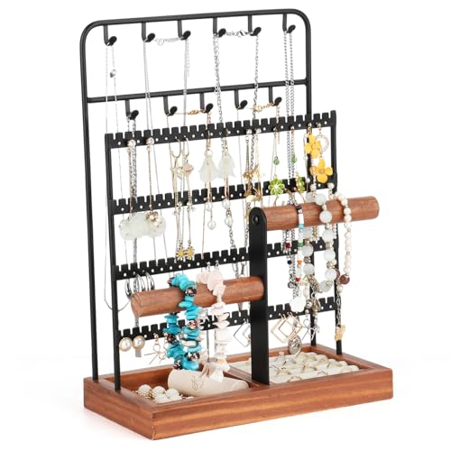 Shansis Jewelry Holder Organizer, Earring Organizer Jewelry Stand with Tray, 8-Tier Jewelry Display Rack with 13 Hooks for Necklace, 96 Holes for Earring, Gift for Women Girls, Black