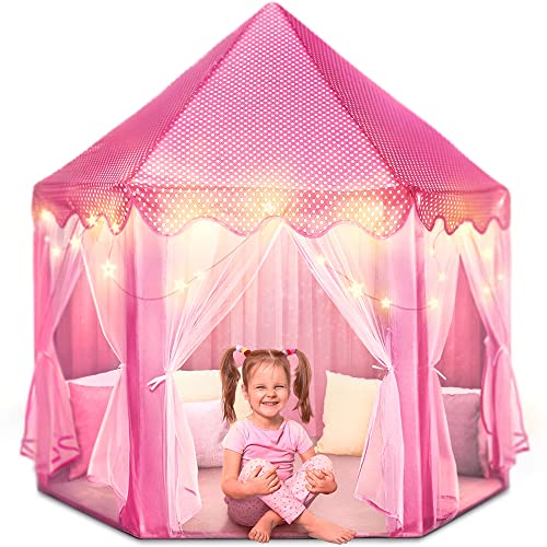 FoxPrint Castle Princess Tents for Little Girls with Lights, Soft Fairy Star Lighting for Indoor and Outdoor Play, Quick 55” x 53” Pop Up Canopy, Relaxation and Creative Space for Kids, Pink